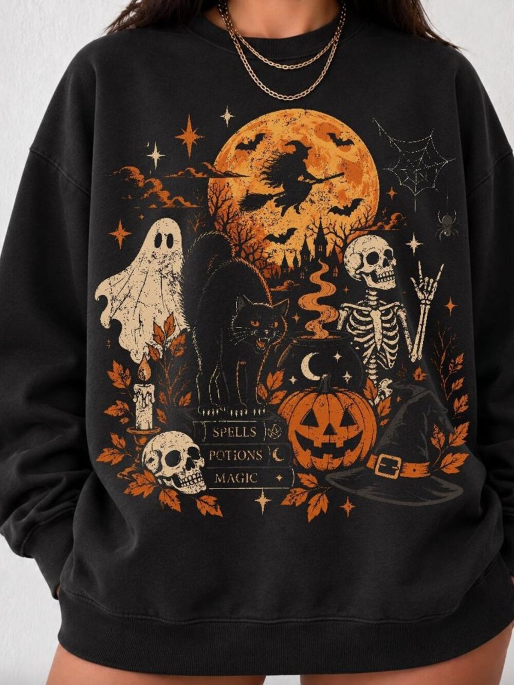 Retro Halloween Sweater, Witchy Black Cat Ghost Pumpkin Graphic